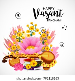 Vector illustration of a Background with instrument Veena for Happy Vasant Panchami Celebration.