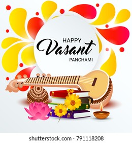Vector illustration of a Background with instrument Veena for Happy Vasant Panchami Celebration.