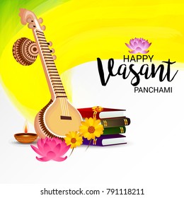 Vector illustration of a Background with instrument Veena for Happy Vasant Panchami Celebration.