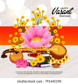 Vector illustration of a Background with instrument Veena for Happy Vasant Panchami Celebration.