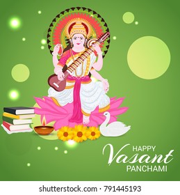 Vector illustration of a Background with instrument Veena for Happy Vasant Panchami Celebration.