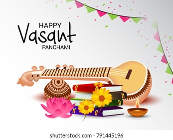 Vector illustration of a Background with instrument Veena for Happy Vasant Panchami Celebration.