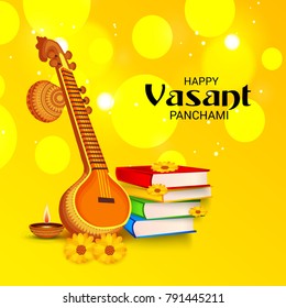 Vector illustration of a Background with instrument Veena for Happy Vasant Panchami Celebration.