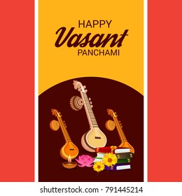 Vector illustration of a Background with instrument Veena for Happy Vasant Panchami Celebration.