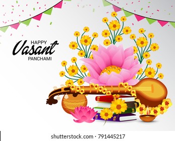 Vector illustration of a Background with instrument Veena for Happy Vasant Panchami Celebration.