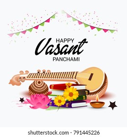 Vector illustration of a Background with instrument Veena for Happy Vasant Panchami Celebration.
