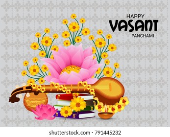Vector illustration of a Background with instrument Veena for Happy Vasant Panchami Celebration.
