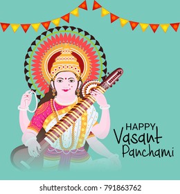 Vector illustration of a Background with instrument Veena for Happy Vasant Panchami Celebration.