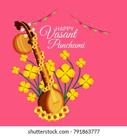 Vector illustration of a Background with instrument Veena for Happy Vasant Panchami Celebration.