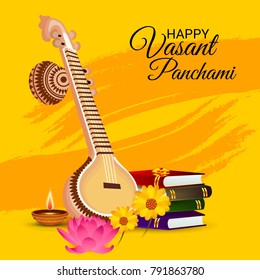 Vector illustration of a Background with instrument Veena for Happy Vasant Panchami Celebration.