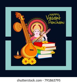 Vector illustration of a Background with instrument Veena for Happy Vasant Panchami Celebration.