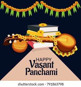 Vector illustration of a Background with instrument Veena for Happy Vasant Panchami Celebration.