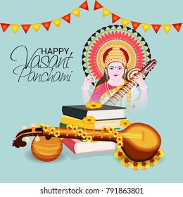 Vector illustration of a Background with instrument Veena for Happy Vasant Panchami Celebration.