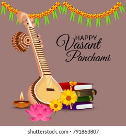 Vector illustration of a Background with instrument Veena for Happy Vasant Panchami Celebration.