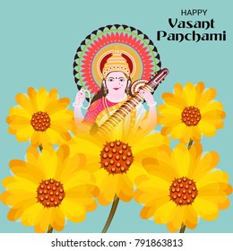 Vector illustration of a Background with instrument Veena for Happy Vasant Panchami Celebration.