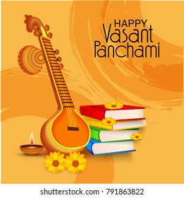 Vector illustration of a Background with instrument Veena for Happy Vasant Panchami Celebration.
