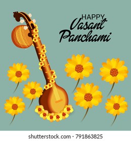 Vector illustration of a Background with instrument Veena for Happy Vasant Panchami Celebration.