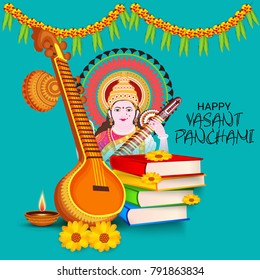 Vector illustration of a Background with instrument Veena for Happy Vasant Panchami Celebration.