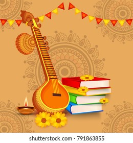 Vector illustration of a Background with instrument Veena for Happy Vasant Panchami Celebration.