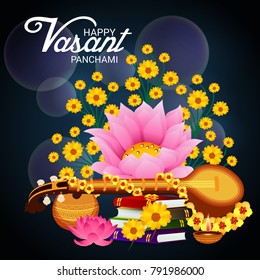 Vector illustration of a Background with instrument Veena for Happy Vasant Panchami Celebration.