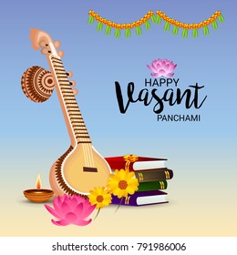 Vector illustration of a Background with instrument Veena for Happy Vasant Panchami Celebration.