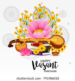 Vector illustration of a Background with instrument Veena for Happy Vasant Panchami Celebration.