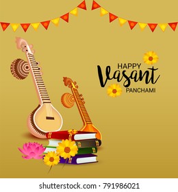 Vector illustration of a Background with instrument Veena for Happy Vasant Panchami Celebration.