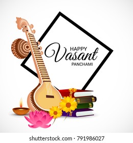Vector illustration of a Background with instrument Veena for Happy Vasant Panchami Celebration.