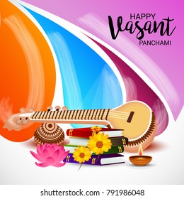 Vector illustration of a Background with instrument Veena for Happy Vasant Panchami Celebration.