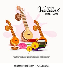 Vector illustration of a Background with instrument Veena for Happy Vasant Panchami Celebration.