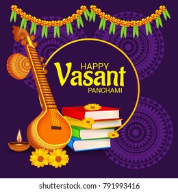 Vector illustration of a Background with instrument Veena for Happy Vasant Panchami Celebration.