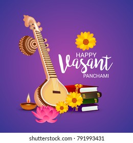Vector illustration of a Background with instrument Veena for Happy Vasant Panchami Celebration.