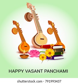 Vector illustration of a Background with instrument Veena for Happy Vasant Panchami Celebration.