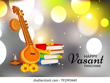 Vector illustration of a Background with instrument Veena for Happy Vasant Panchami Celebration.