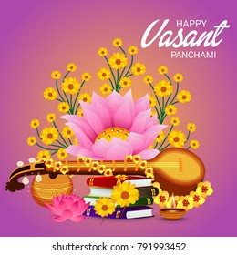 Vektorillustration Illustration eines Hintergrundes mit Instrument Veena für Happy Vasant Panchami Feier.