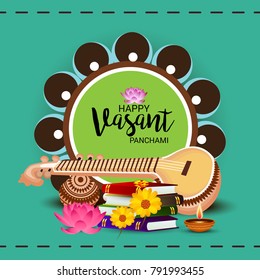 Vector illustration of a Background with instrument Veena for Happy Vasant Panchami Celebration.