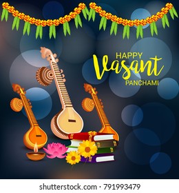 Vector illustration of a Background with instrument Veena for Happy Vasant Panchami Celebration.