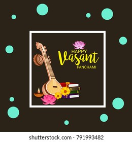 Vector illustration of a Background with instrument Veena for Happy Vasant Panchami Celebration.