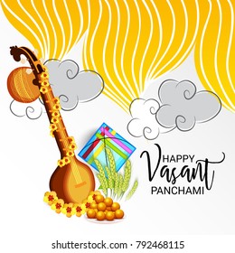 Vector illustration of a Background with instrument Veena for Happy Vasant Panchami Celebration.