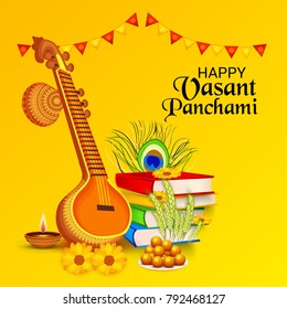 Vector illustration of a Background with instrument Veena for Happy Vasant Panchami Celebration.