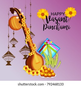 Vector illustration of a Background with instrument Veena for Happy Vasant Panchami Celebration.