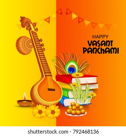 Vector illustration of a Background with instrument Veena for Happy Vasant Panchami Celebration.