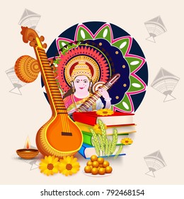 Vector illustration of a Background with instrument Veena for Happy Vasant Panchami Celebration.