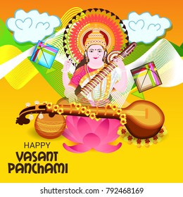 Vector illustration of a Background with instrument Veena for Happy Vasant Panchami Celebration.