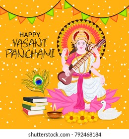 Vector illustration of a Background with instrument Veena for Happy Vasant Panchami Celebration.