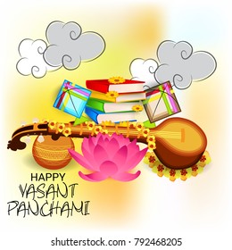 Vector illustration of a Background with instrument Veena for Happy Vasant Panchami Celebration.