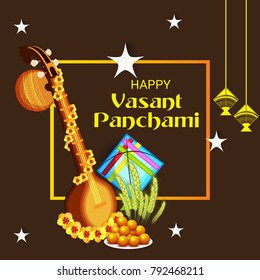 Vector illustration of a Background with instrument Veena for Happy Vasant Panchami Celebration.