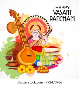 Vector illustration of a Background with instrument Veena for Happy Vasant Panchami Celebration.