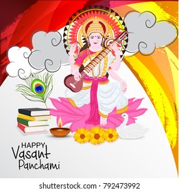 Vector illustration of a Background with instrument Veena for Happy Vasant Panchami Celebration.