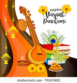 Vector illustration of a Background with instrument Veena for Happy Vasant Panchami Celebration.